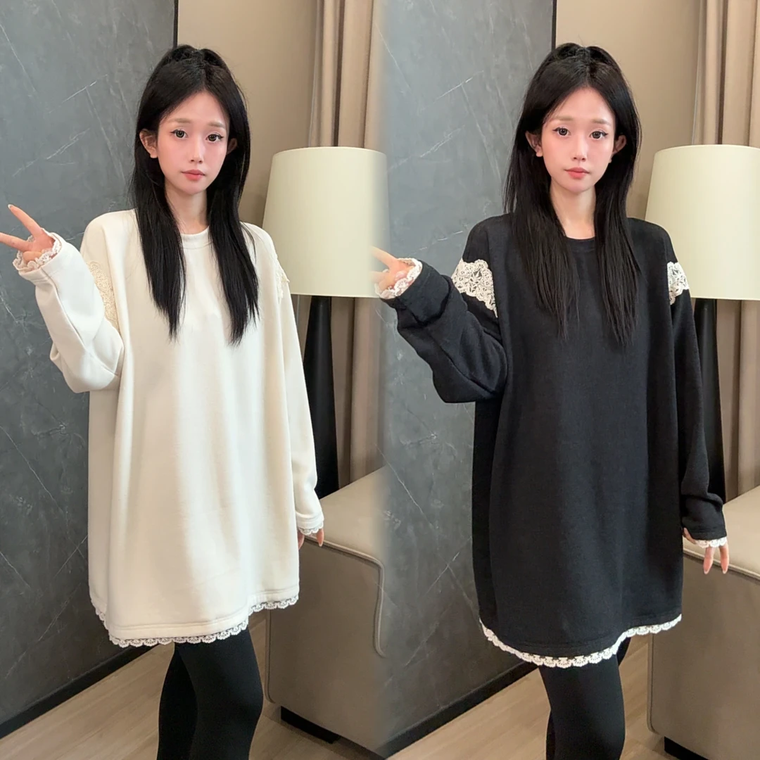 二姐的宝藏秋冬时尚减龄双面绒感蕾丝花边圆领长袖卫衣#25511