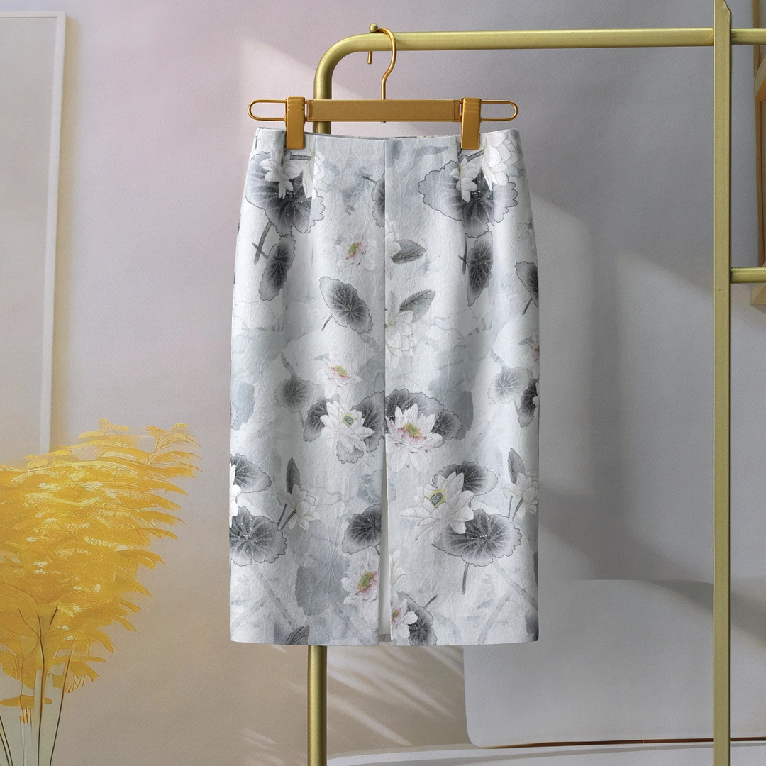 国风印花包臀裙女夏季2025新款花色高腰一步裙气质中长款半身裙子