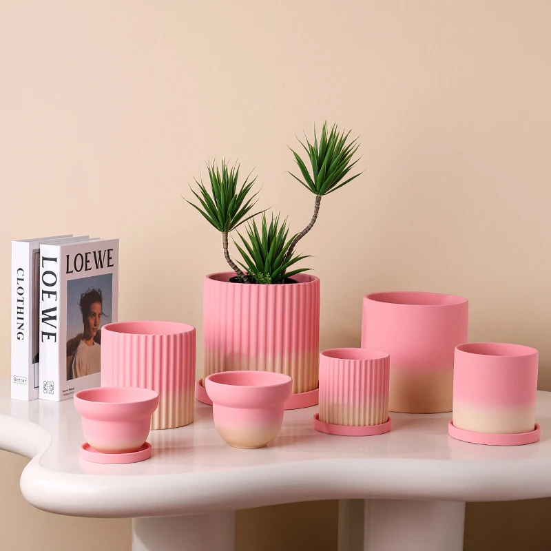 北欧渐变桃粉色陶瓷素烧花盆有孔带托盘吸水透气绿植花卉虎皮兰