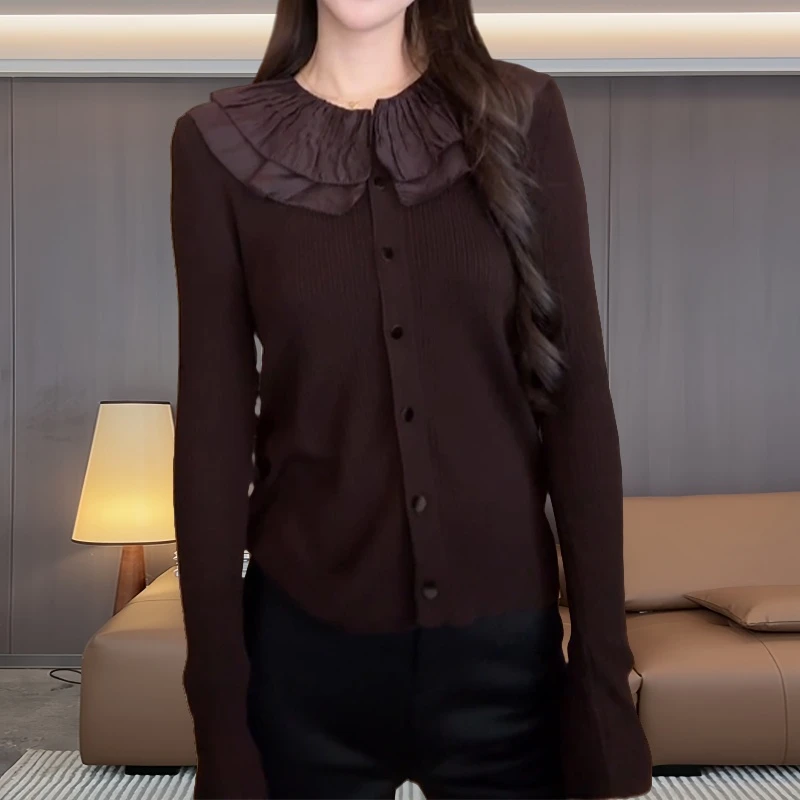 法式轻奢减龄花瓣娃娃领针织衫女早秋慵懒显瘦遮肉百搭单排扣上衣