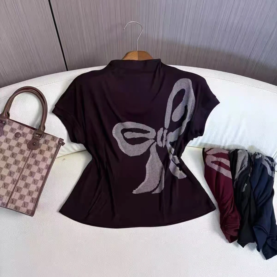 25-88气质蝴蝶结一字领短袖半高领女士T恤夏季百搭