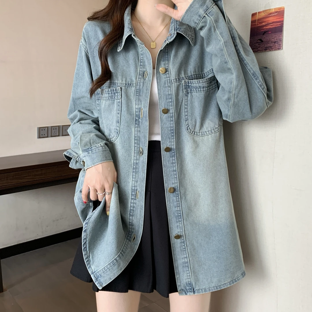 时尚大码女装秋季2025新款港风小个子复古牛仔衬衫外套百搭上衣女