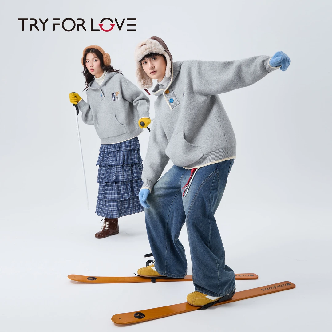 Tryforlove情侣装刺绣带帽毛衣男女2025秋冬新款一长一短针织外套