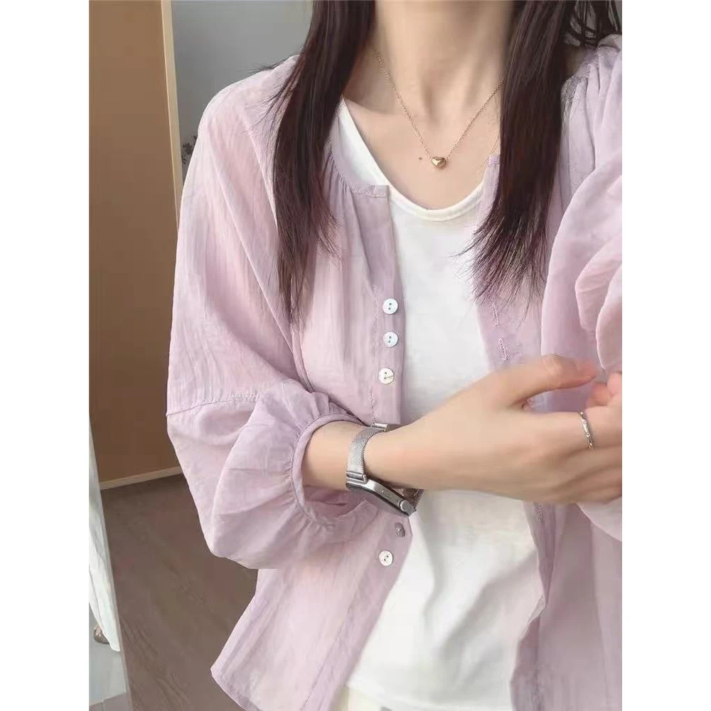 夏日绝美长袖薄款外套女2025新款宽松百搭透气防晒衬开衫上衣228