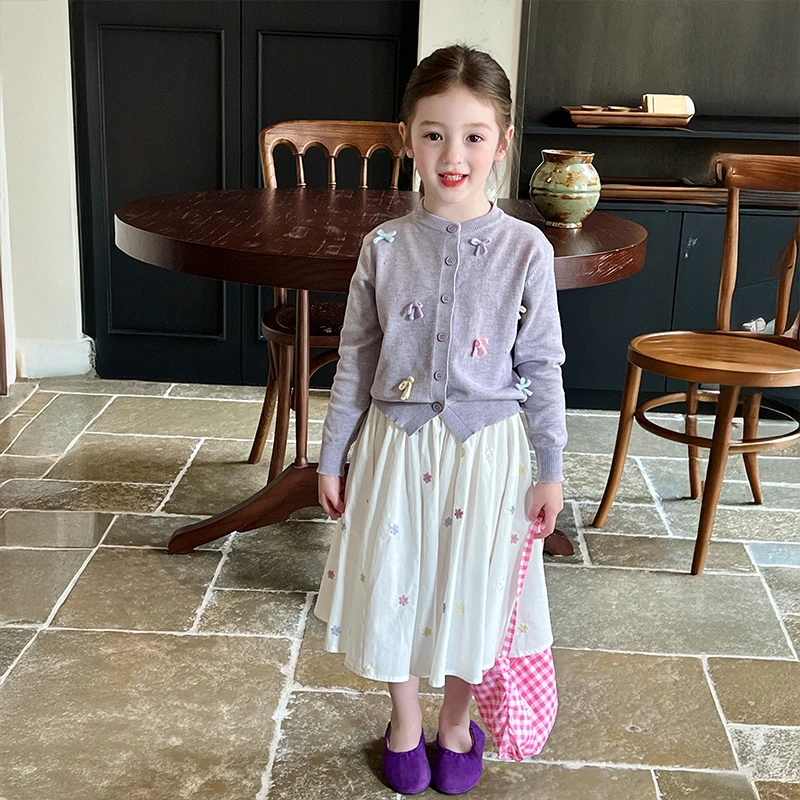 栀了成长记童装女童甜美少女简约百搭针织衫开衫儿童蝴蝶结毛衣