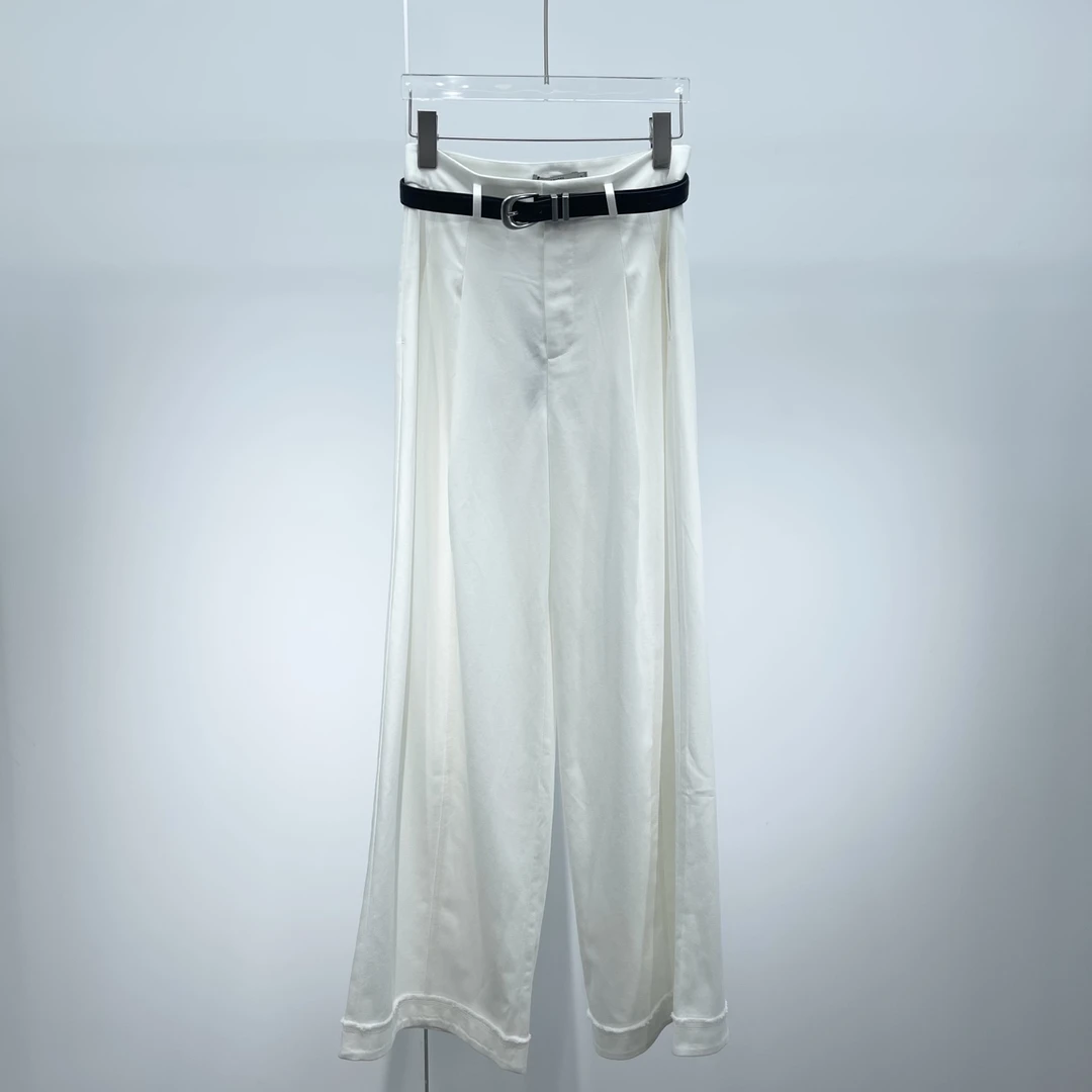 艾家2025年春百搭直筒高腰休闲阔腿长裤白色卷边女3099