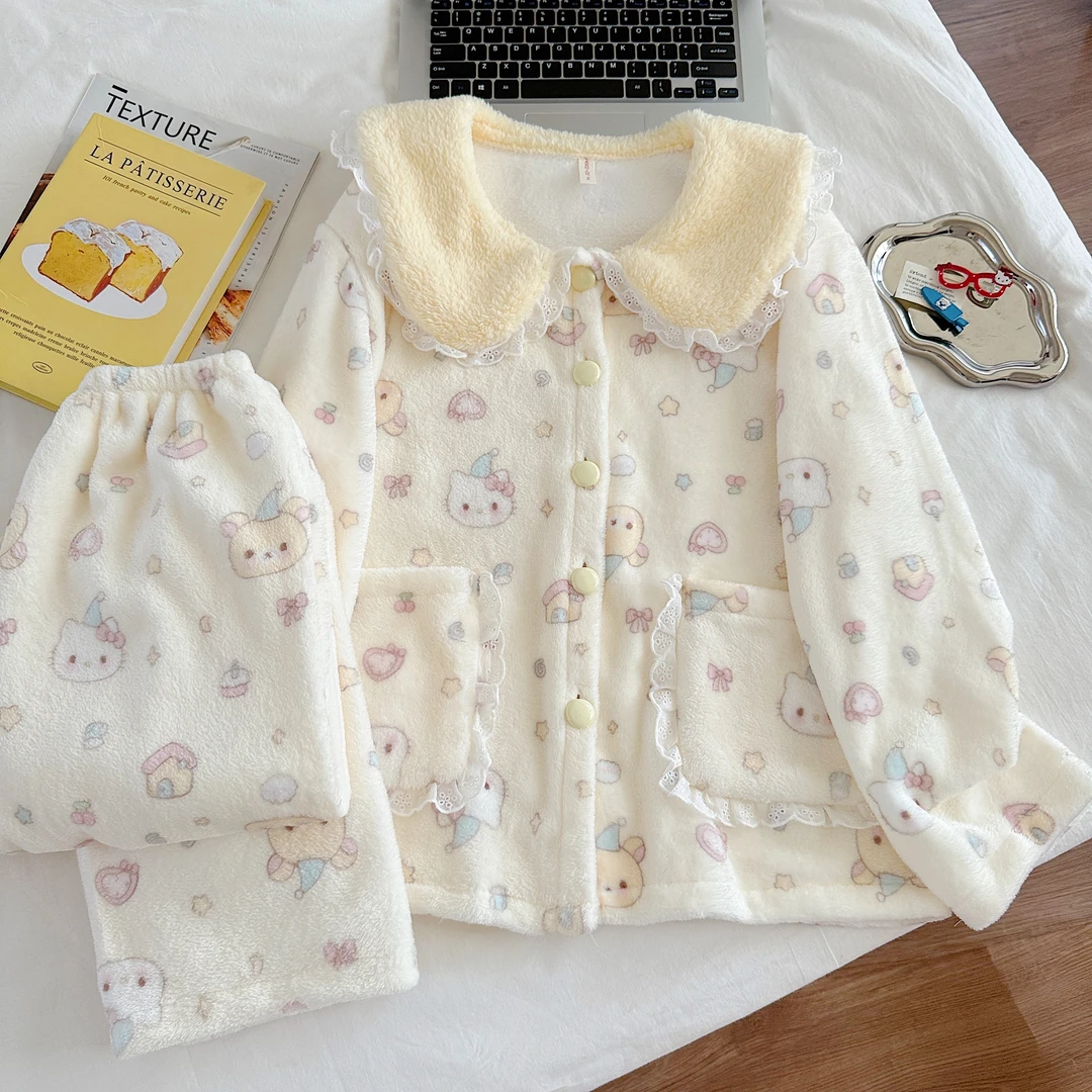 冬季轻松熊法兰绒睡衣女卡通可爱长袖印花加绒加厚冬天保暖家居服