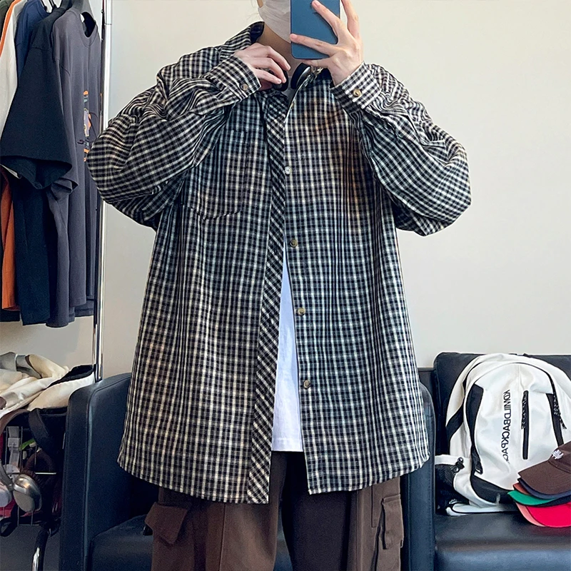 2025长袖休闲小众复古衬衫潮流衬衣格子港风青少年宽松格子衬衫潮