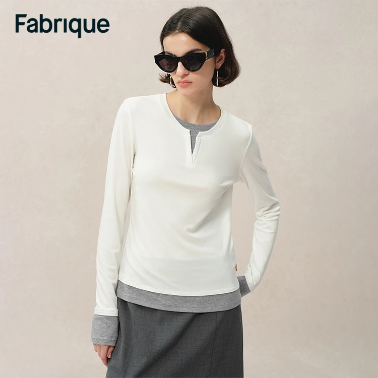 Fabrique Maya 早春新款牛乳白天丝绵羊毛假两件亲肤百搭长袖T恤
