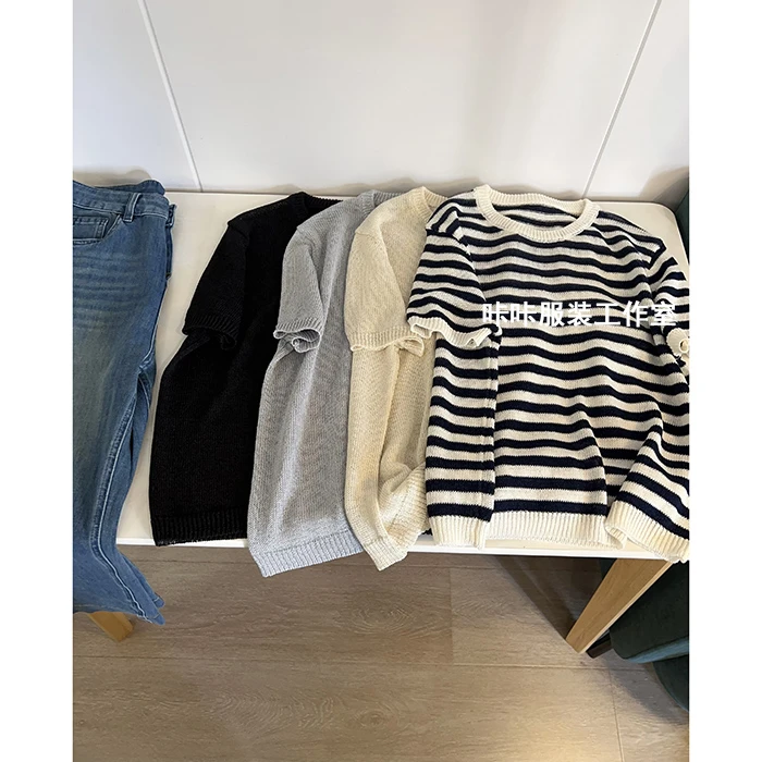 REKAYYAT”诗歌“和纸砂韩系百搭显瘦洋气舒适短袖针织衫上衣女款