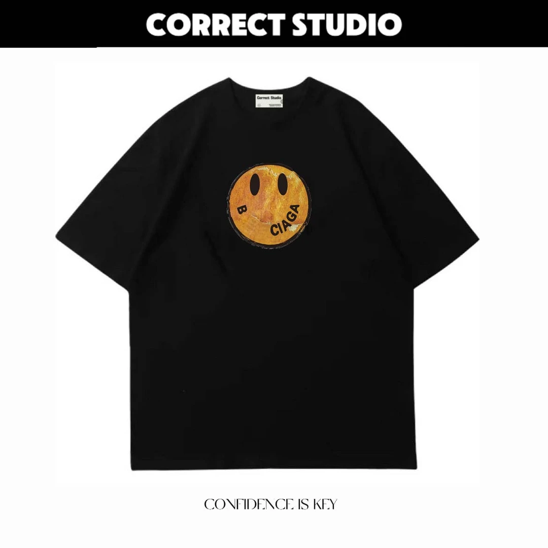 【笑脸】300G重磅纯棉大码男装潮牌T恤宽松百搭廓形落肩袖纯棉T恤