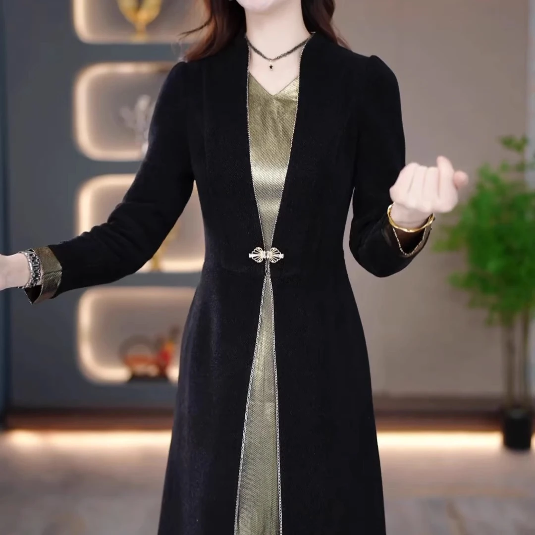 轻奢高级感长袖连衣裙2024新款秋冬气质修身加厚假两件晚礼服裙子
