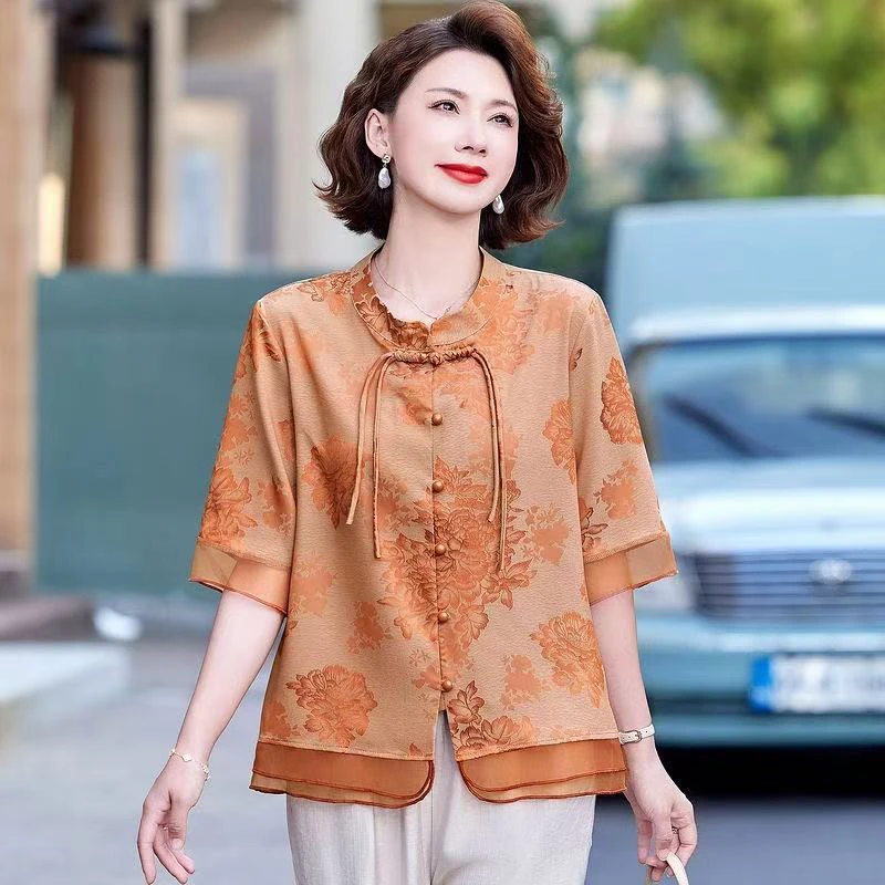 小个子妈妈装夏季复古国风洋气大码休闲小衫短袖套装上衣