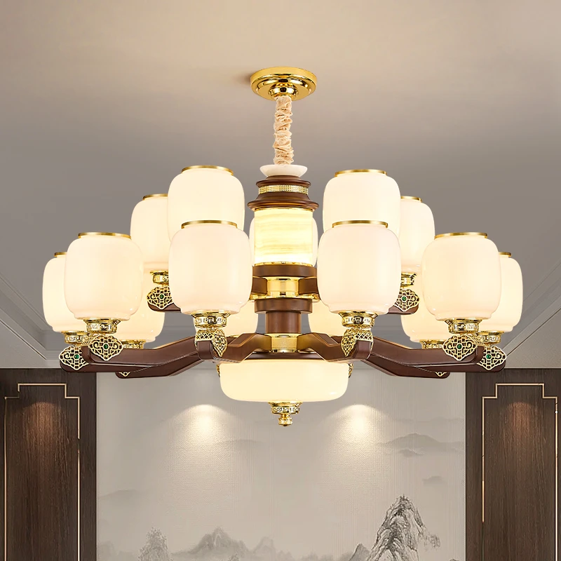 新中式胡桃木玉石客厅餐厅吊灯别墅自建房新款中山灯具