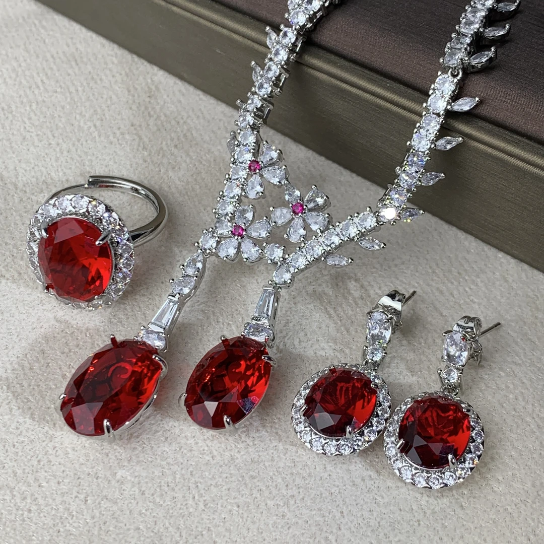 6099【项链】轻奢精品 白金色女士项链三件套送耳环戒指