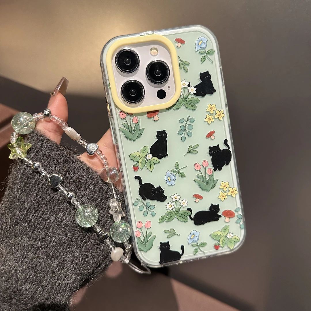 薄荷绿郁金香黑猫二合一适用苹果16promax新款15pro/13手机壳14