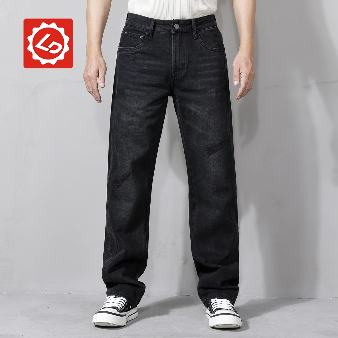 [宽直筒]EA5122唠叨牛仔黑色秋冬男士刺绣水洗宽松直筒牛仔裤子