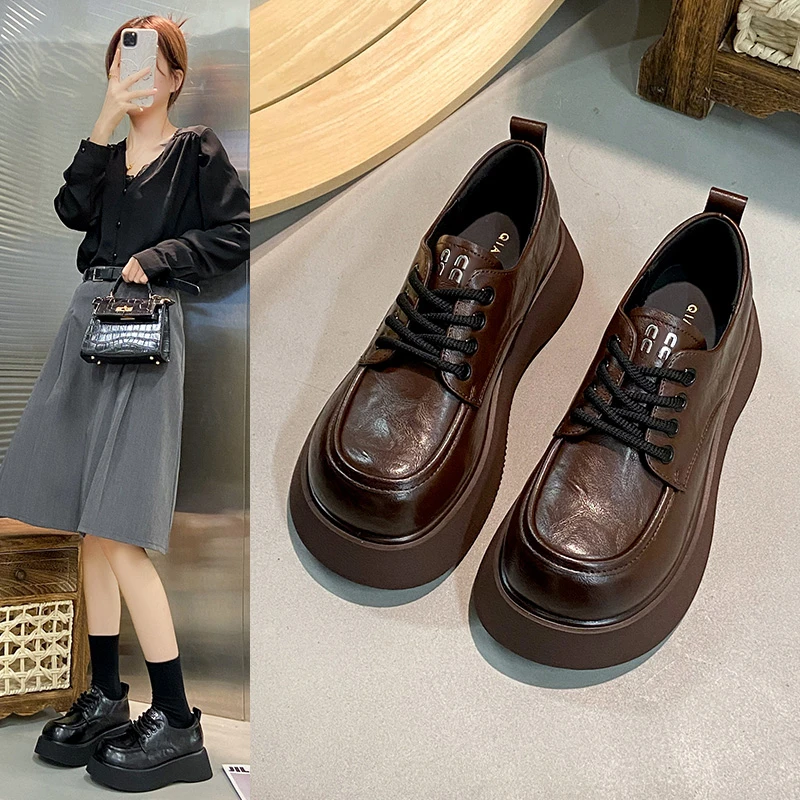 厚底增高黑色乐福鞋女2025春秋新款英伦风超火百搭小皮鞋系带单鞋