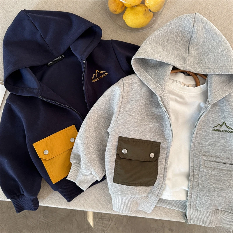 儿童外套2025春季新品男女童连帽撞色卫衣宝宝刺绣拉链帽衫