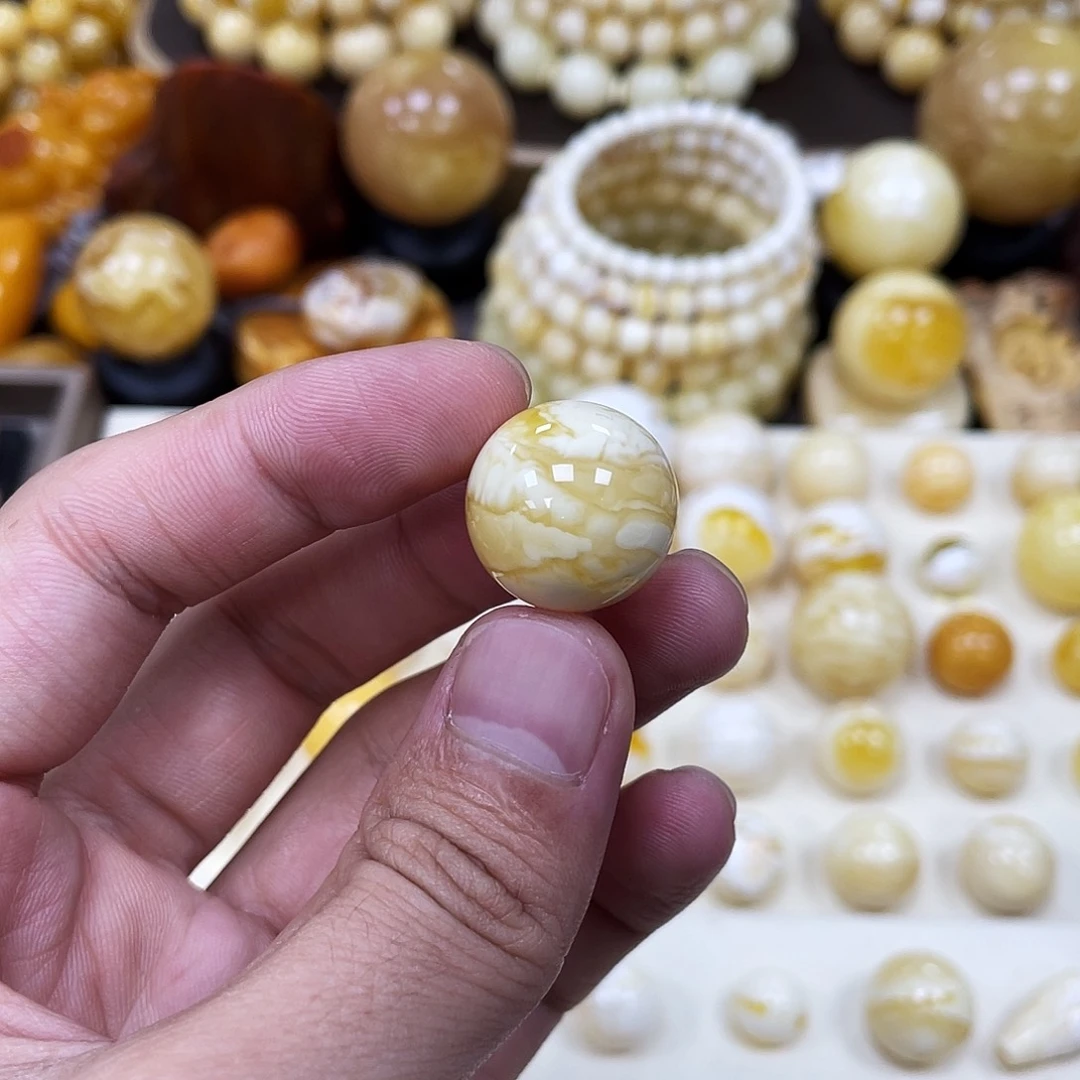 蜜蜡未镶嵌珠宝奇石18.8mm【虎皮妖花石膏瓷白】圆珠