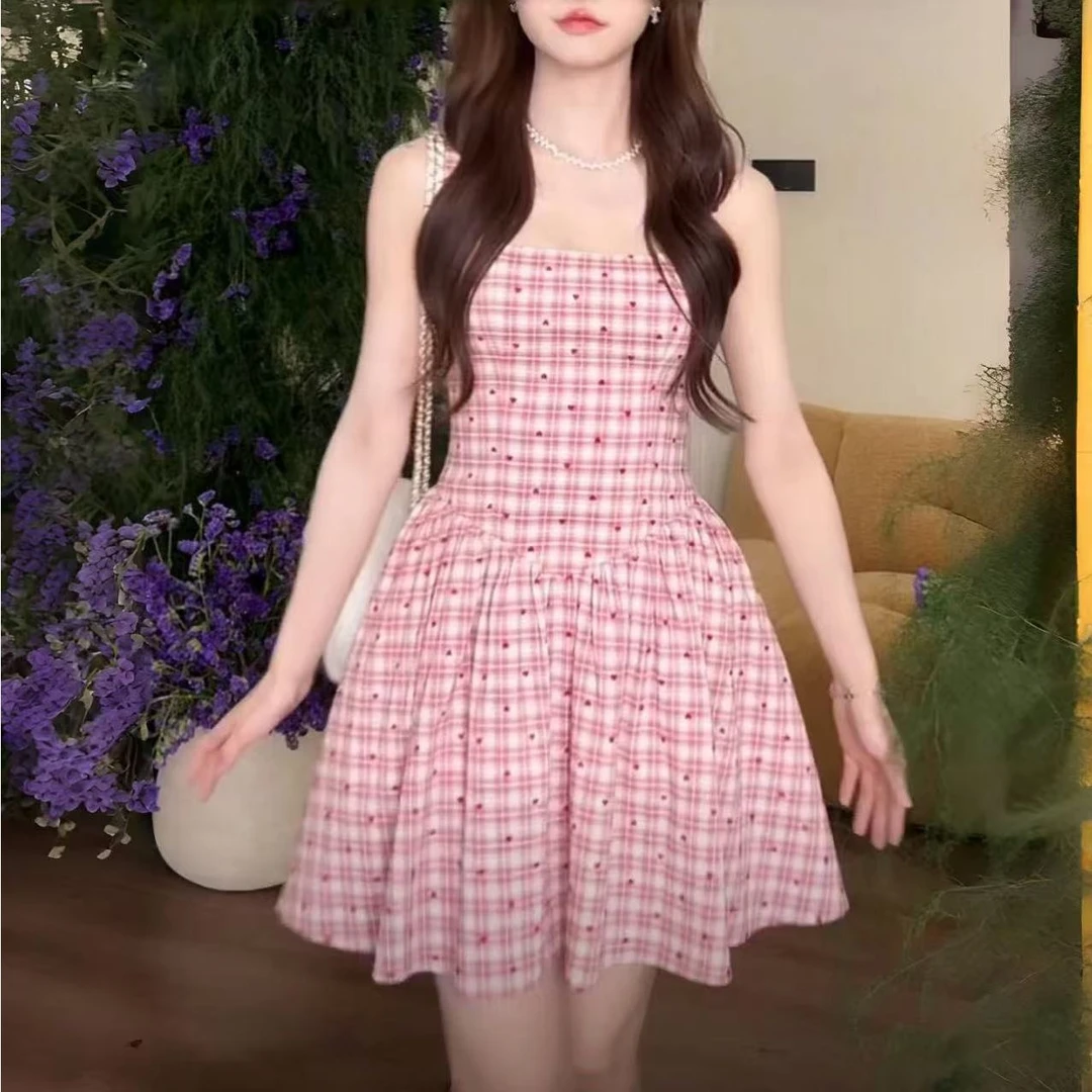 【甜心雪莉玫】韩系连衣裙女夏甜美俏皮少女感格纹A字收腰吊带裙