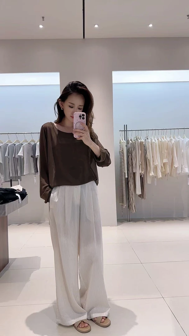 休闲裤-513060艾家高腰垂感时尚拖地长裤