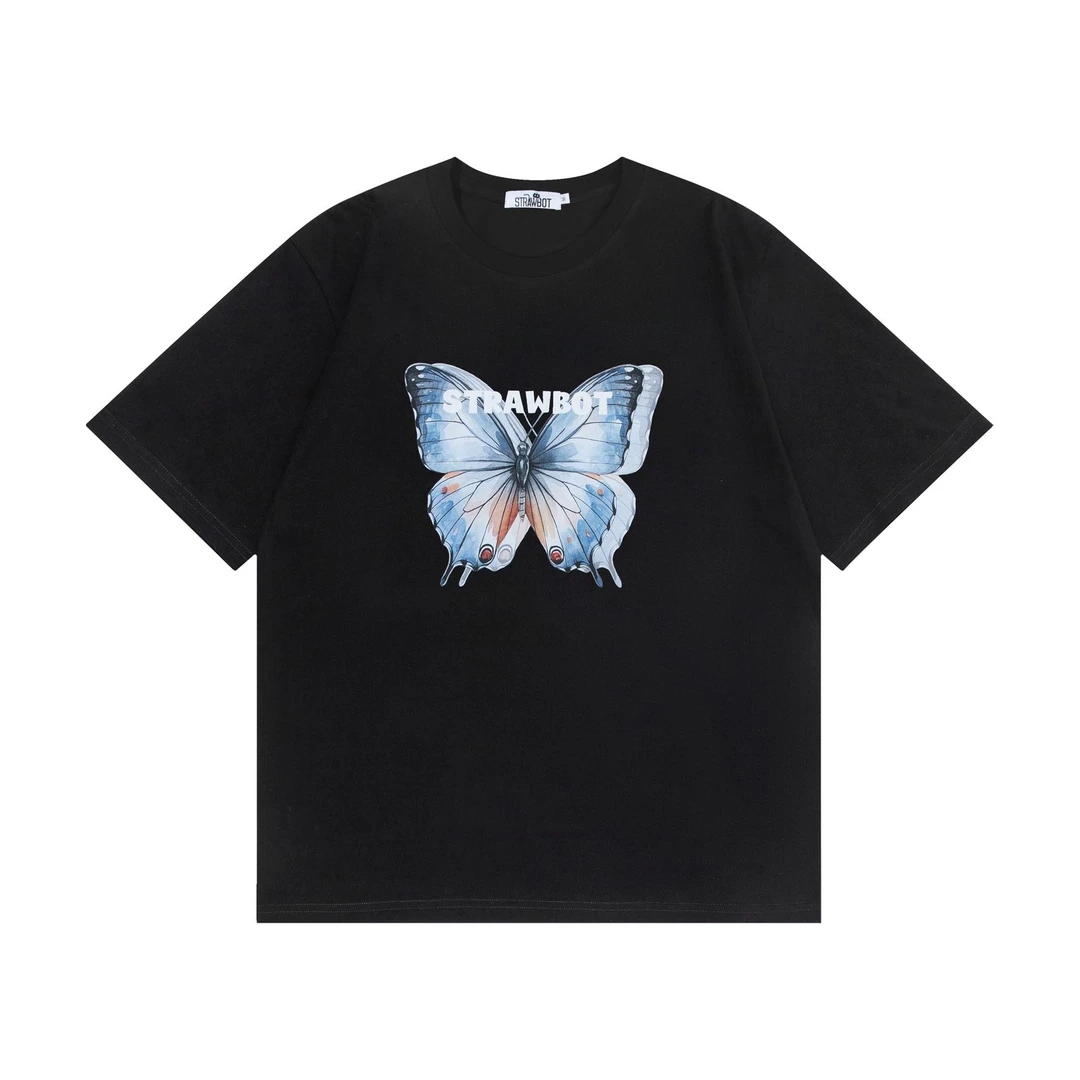 蝴蝶休闲风圆领T恤设计感小众情侣宽松国潮卡通美式ins