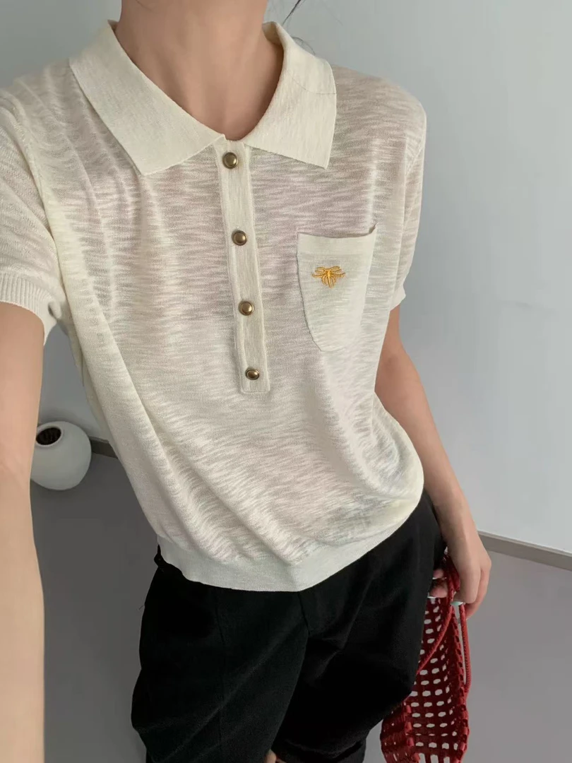 上衣修身短袖基本翻领刺绣polo毛衣套头款毛针织衫2992