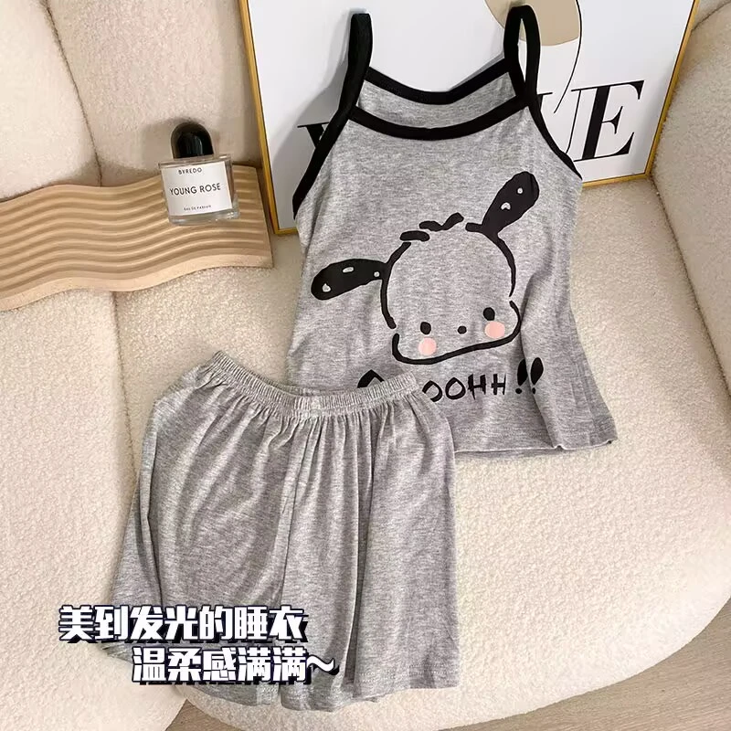 女宝宝夏季薄款莫代尔家居服套装小女孩吊带短裤卡通洋气两件套装