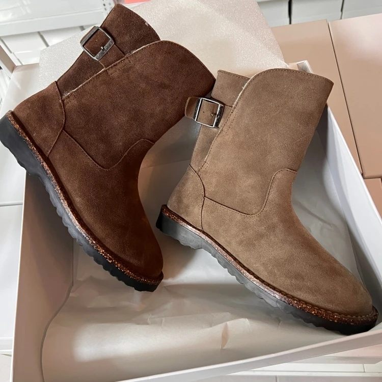 博肯新款短靴2025冬季 时尚百搭加绒加厚保暖高筒皮毛一体女靴子