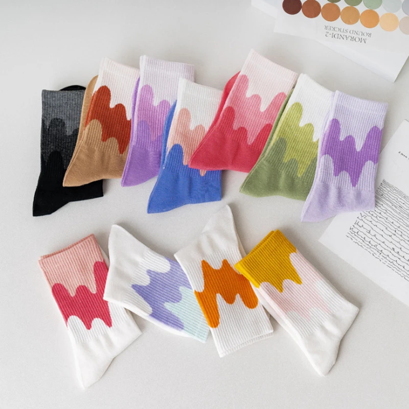 5双装袜子女中筒袜日系可爱春秋夏棉袜奶油拼接长筒袜百搭学院
