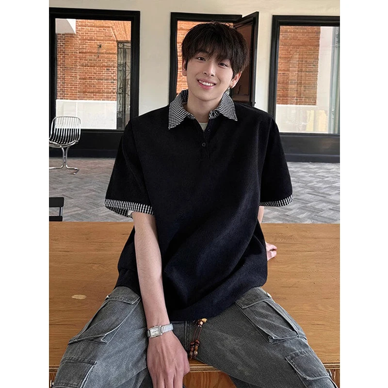 cleanfit美式复古假两件拼接短袖男款夏高级感格子潮牌痞帅POLO衫