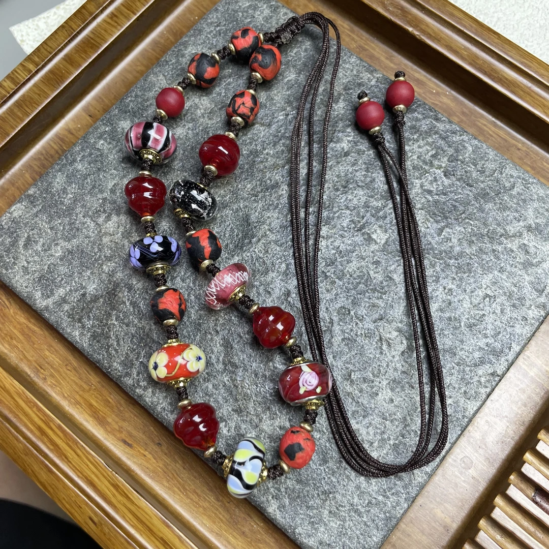 合金项链 LZ6801 红色小胖屁桃彩色小花转转筒绳编琉璃项链
