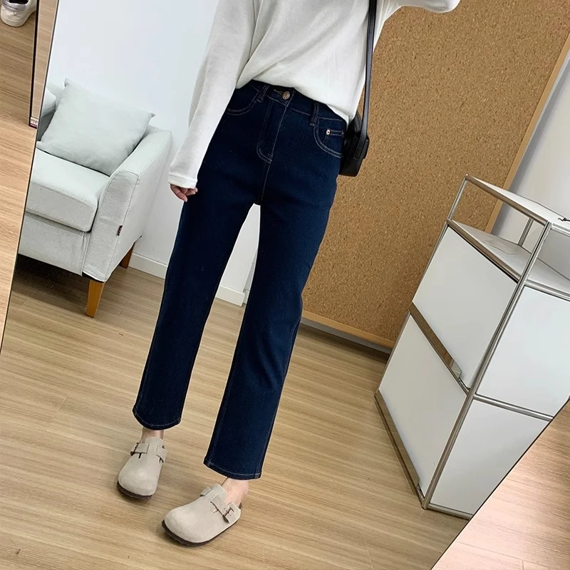 深蓝色弹力直筒牛仔裤女2025春季新款胖mm高腰显瘦小个子烟管裤子