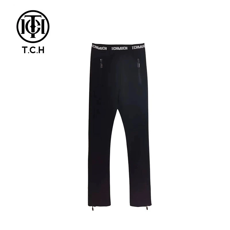 私服-TCH潮牌长裤时尚字母百搭弹力女士黑色修身休闲裤T69A208038