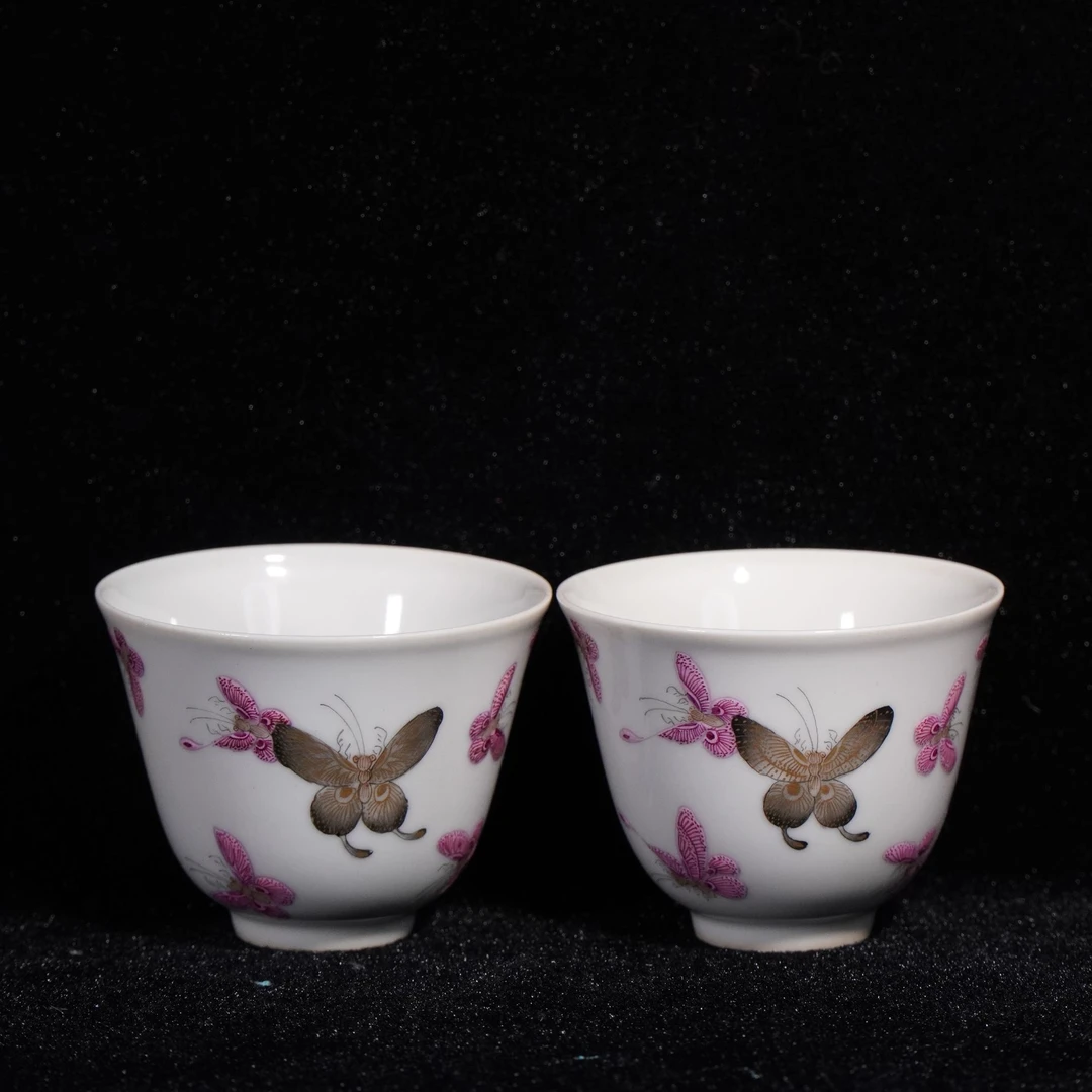 Lot26-C粉彩胭脂红蝶纹压手杯同治年制款D6.5-BJ12280045001021