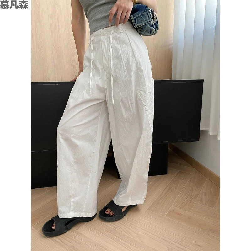 司南美式随性街设计感大口袋抽绳高腰弯刀工装阔腿裤SN7631