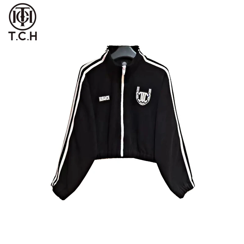 TCH服饰店播-潮牌烫钻运动黑白条纹黑色外套男女同款S69D276026