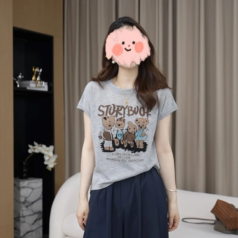 时尚卡通小熊图案T恤女士2025夏季新款百搭冰丝凉感短袖针织上衣