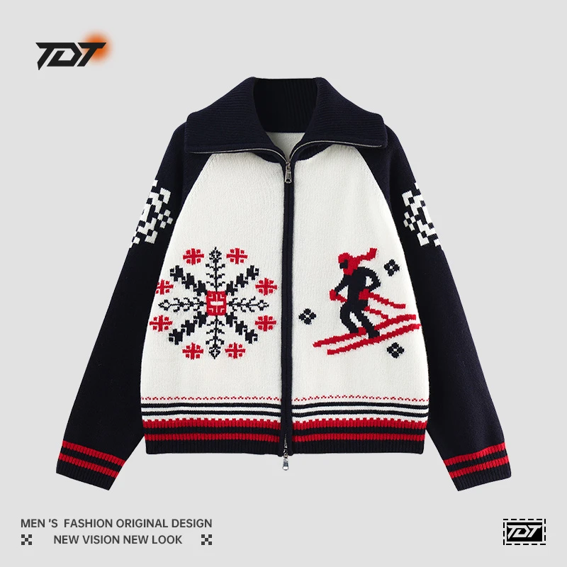 2024秋冬新品复古印花双拉链翻领滑雪提花毛针织衫外套女百搭上衣