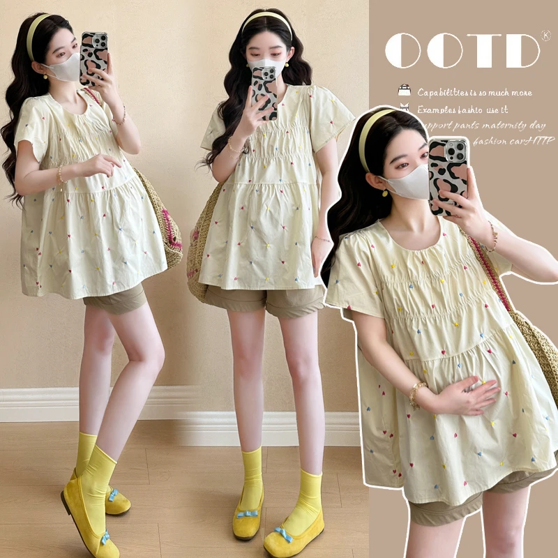 孕妇装2025夏季薄款刺绣上衣短袖T恤韩版甜美减龄显瘦宽松款衬衫