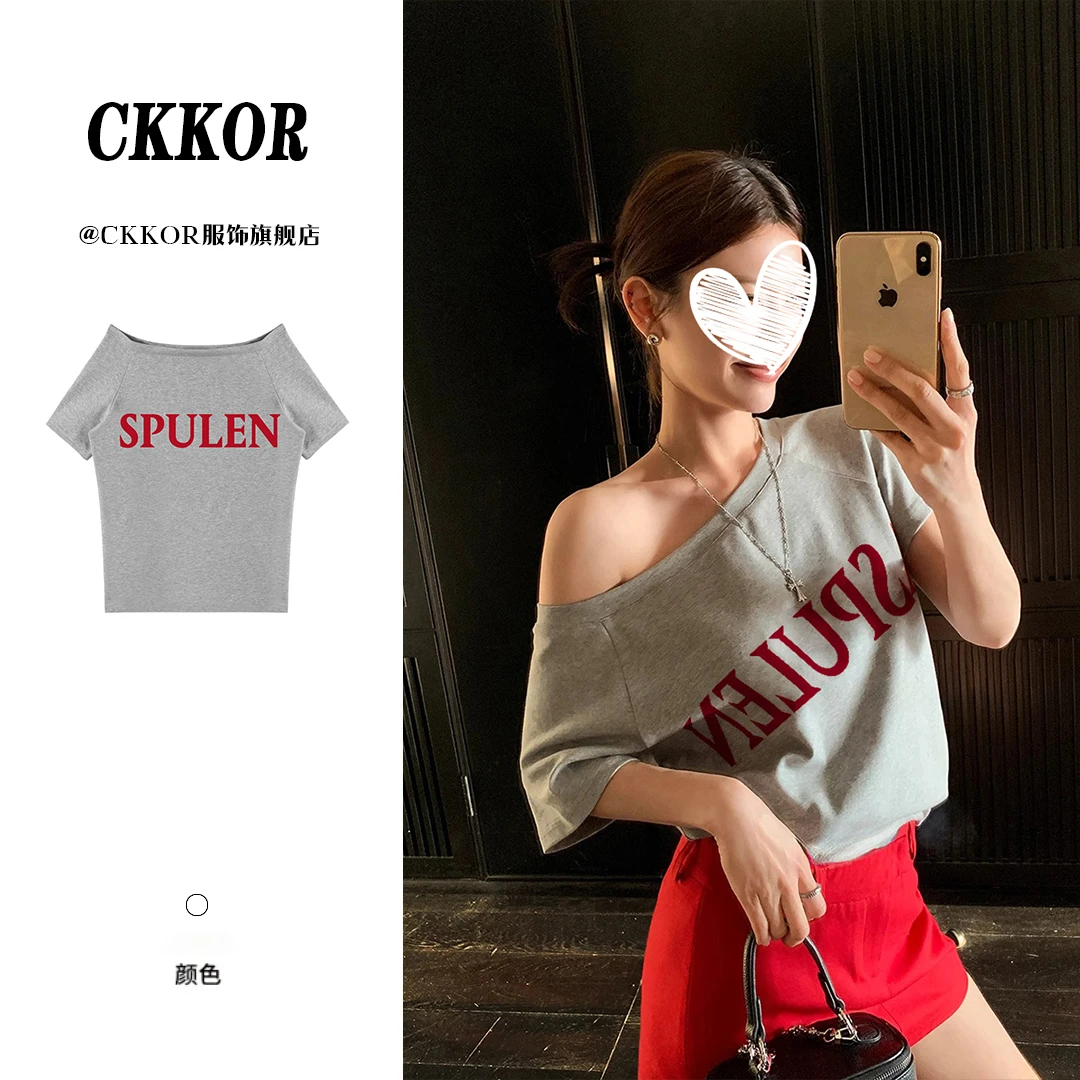 CKKOR夏季斜肩上衣新款穿搭宽松显瘦短袖t恤女韩版设计感上衣时尚
