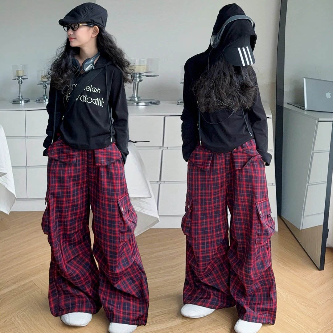 女童秋季套装2025新款儿童秋装时尚潮装大童格子工装裤两件套春秋