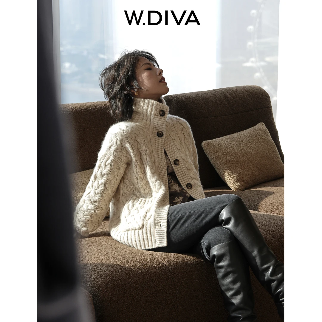 W.Diva【心绪集】100%山羊绒法式温柔风绞花针织开衫外套54Z072835
