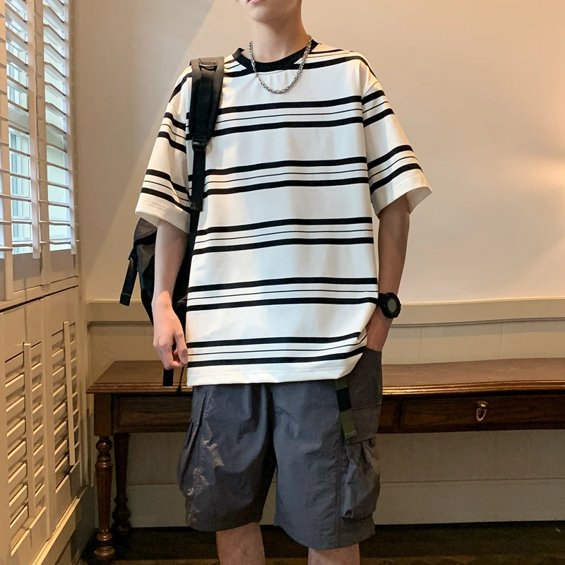 男士短袖同领条纹衫夏季修身高档加大码男装韩系帅气百搭短袖t恤