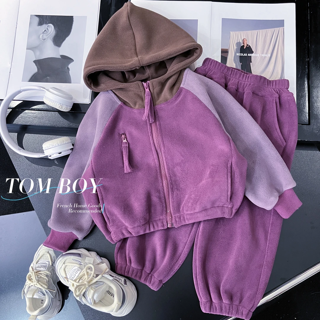 〖ANDI〗订制秋冬新款男童中小童绒面撞色拼接两件套套装2960