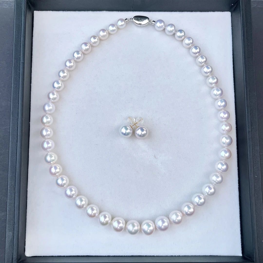 【LNDI】淡水满珠项链+K金耳钉/珍珠点位9-11MM/配件S925银，18K金