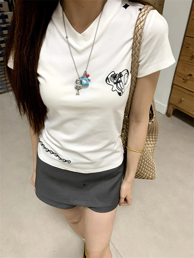 辣妹v领上衣美式街头显瘦修身短款ins短袖夏季韩版设计感百搭T恤