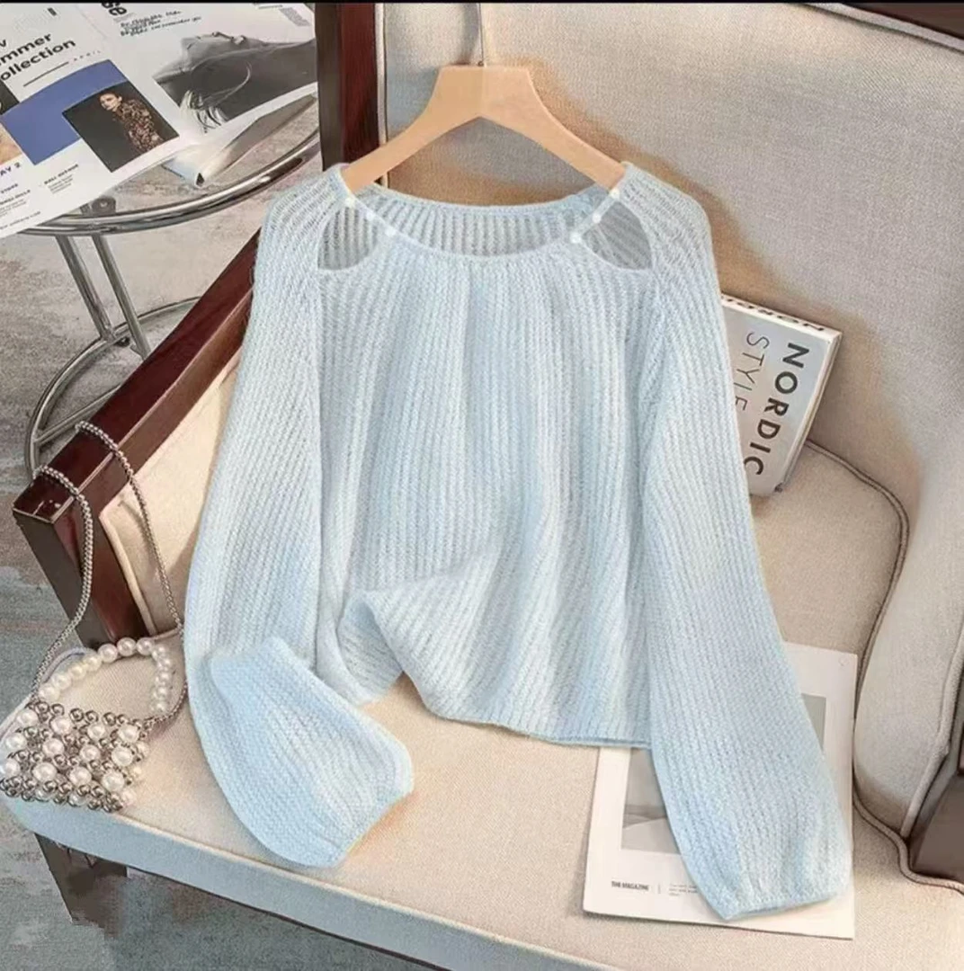 薄款镂空露肩百搭圆领宽松慵懒风夏季纯色百搭设计感针织上衣女潮