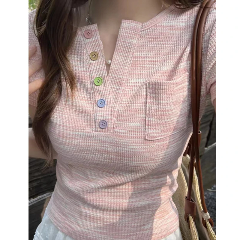 9095#纽扣v领正肩短袖t恤女夏季华夫格修身显瘦百搭设计感上衣